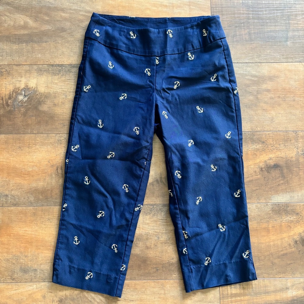 Lulu B Bangladine Size 2 Navy Metallic Gold Anchor Nautical Pull On Capri Pants